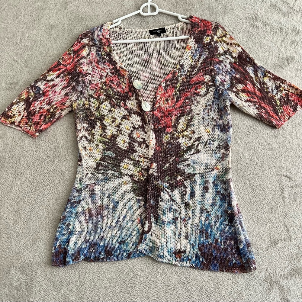 Colour Works Cardigan Sweater Womens Medium Button Front Floral Print Multicolor